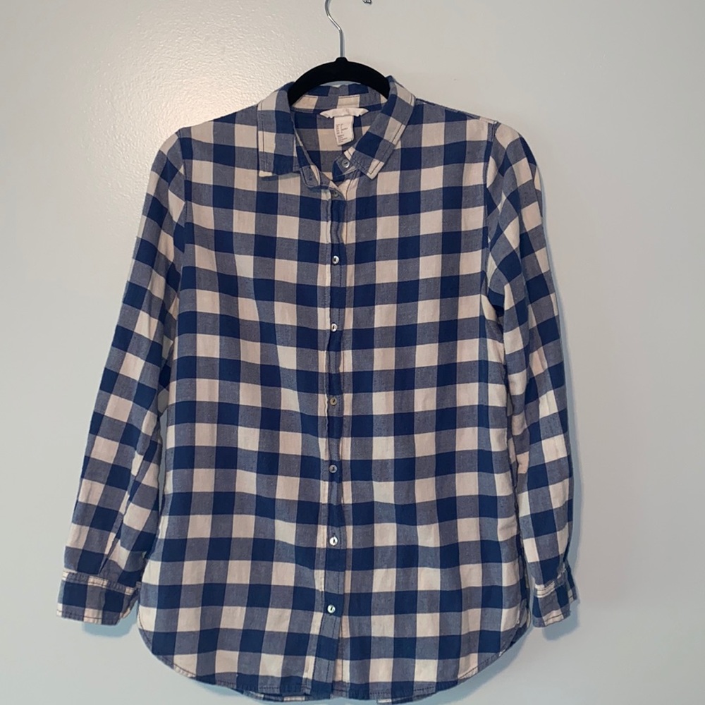 H&M Blue and White Plaid Flannel Button Down Long Sleeve Shirt Size 4
